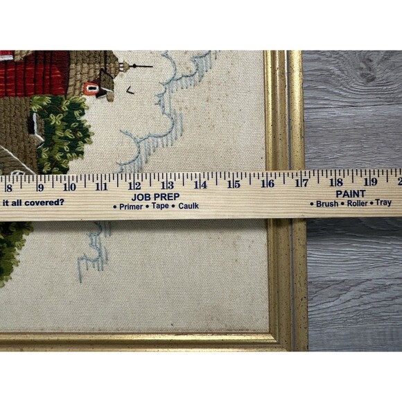 Vintage Finished Framed Crewel Embroidery Red Barn Farm Farmhouse Country 17x21 - Picture 6 of 7